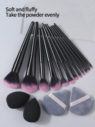 Professional makeup tool set: 12 makeup brushes, 2 water-drop makeup sponge eggs, and 2 triangular powder puffs