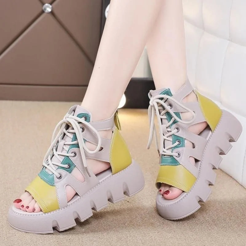 2025 Women’s Chunky Platform Gladiator Sandals – Breathable Strappy Summer Shoes with Bold Color Block Design & Comfortable Elevated Style.