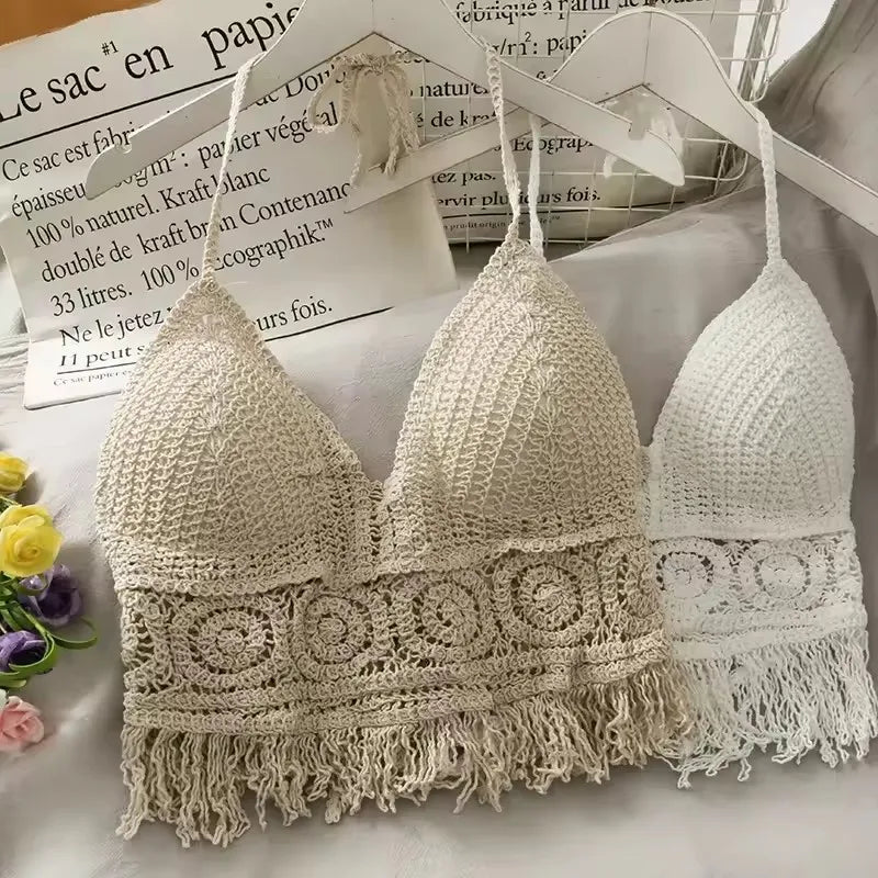 Summer Tank top Women's Boho Fringe Backless Halter Tie Neck Underwear Outerwear with Neck Hanging Embroidery Tassel Suspender