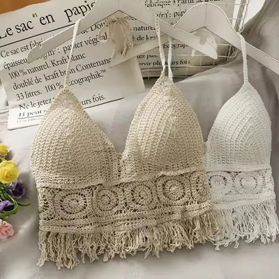 Summer Tank top Women's Boho Fringe Backless Halter Tie Neck Underwear Outerwear with Neck Hanging Embroidery Tassel Suspender