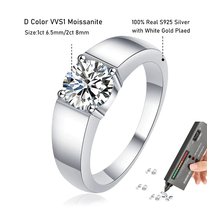 Tezzc 2ct Moissanite Wedding Band Men Ring 925 Sterling Silver classic Engagement Diamond Men Rings With Certificate Jewelry
