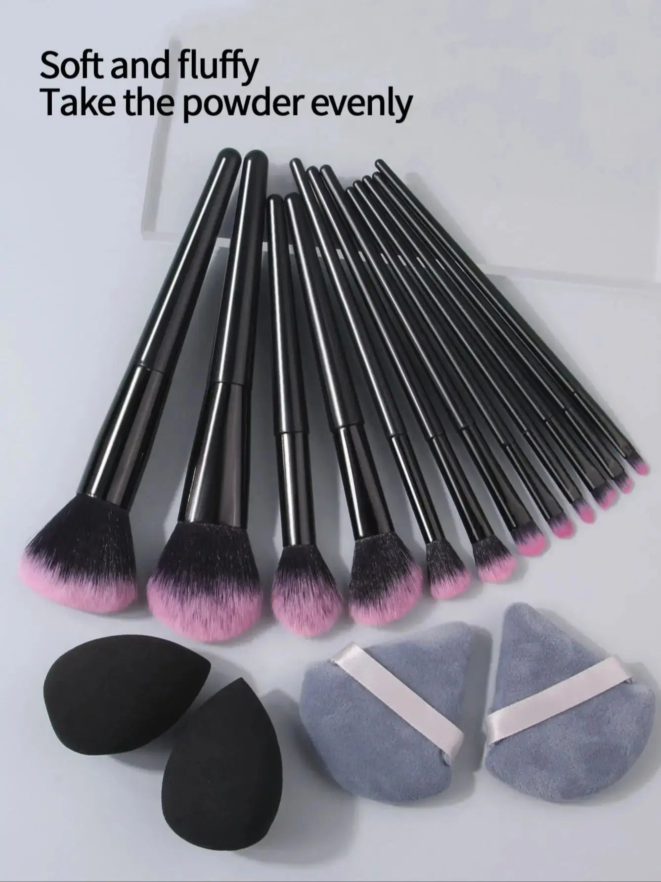 Professional makeup tool set: 12 makeup brushes, 2 water-drop makeup sponge eggs, and 2 triangular powder puffs