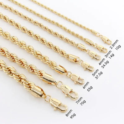 Luck Fashion 14K Gold Plated Rope Chain Necklace – Non-Tarnish, Waterproof, Thick Twist Design, 2.5mm–8mm, Gift for Men & Women.