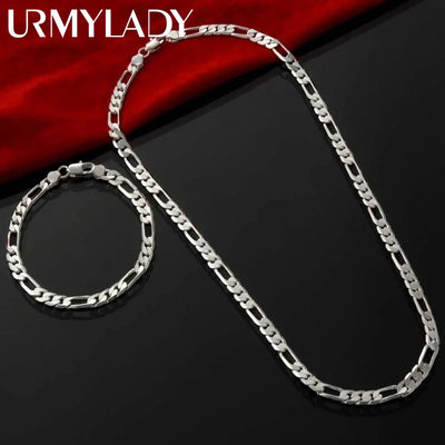 New Noble 925 Sterling Silver Jewelry Set – 4MM Chain Necklace & Bracelet for Men and Women, Elegant Wedding & Christmas Gift.