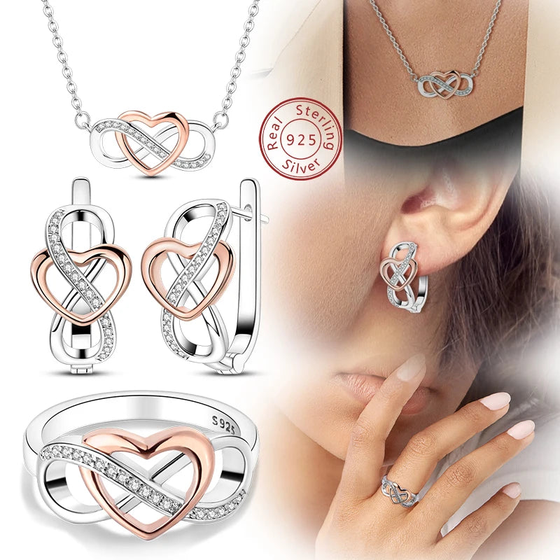 Original 925 Sterling Silver Jewelry Set – Eternal Love Necklace, Ring & Earrings for Women, Light Luxury Fashion & Elegant Gift.