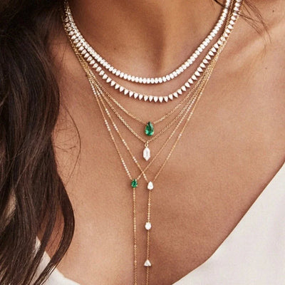 18K Gold Plated Double Layer Necklace – Elegant Tear Drop Charm with Green CZ, Classic Clavicle Chain Fashion Jewelry for Women.