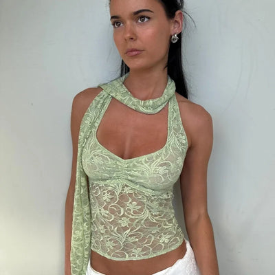 WhereMery Sexy Halter Lace See Through Crop Top for Women Summer Backless Party Street Tank Tops Y2K Fashion Basic T-Shirts Vest