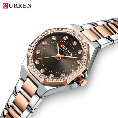 CURREN Luxury Elegance Watch for Women Simple Quartz Wristwatches with Sparkling Rhinestones Stainless Steel Bracelet Waterproof